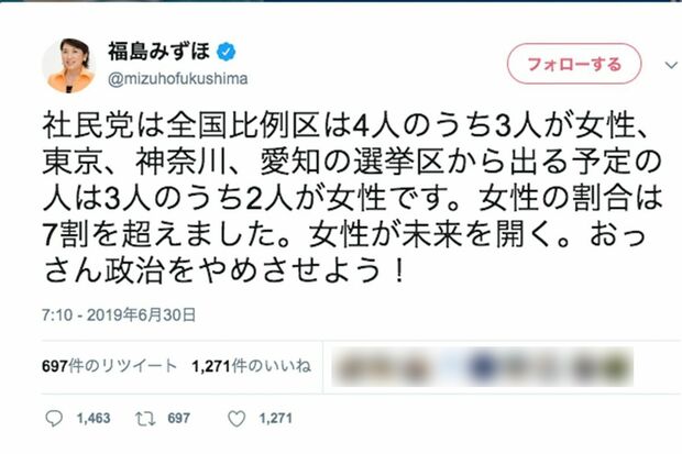 過去にはツイッターが炎上したこともある福島みずほ議員