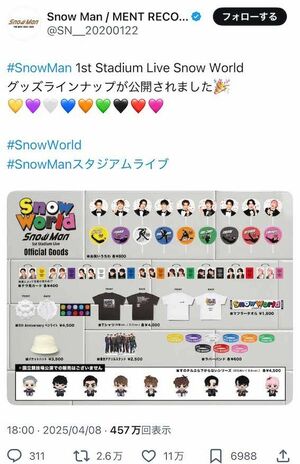 『SnowMan1stStadiumLiveSnowWorld』のグッズ。新システムの導入で“グッズは諦めなければ……”とショックを受けているファンも（公式Xより）
