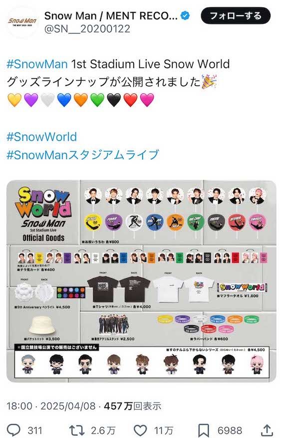 『SnowMan1stStadiumLiveSnowWorld』のグッズ。新システムの導入で“グッズは諦めなければ……”とショックを受けているファンも（公式Xより）