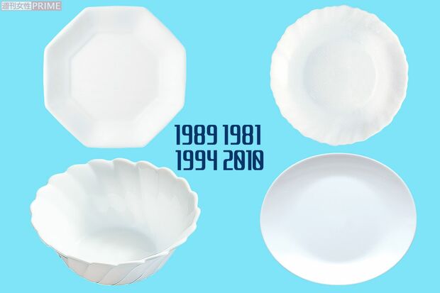 （写真右上から反時計回り）「春のパンまつり」キャンペーン開始!　初めての白いお皿（1981年）、累計1000万枚を超えたワンディッシュ皿（1989年）、小鉢タイプが初登場した白いファンタジーボウル（1994年）、歴代人気10位の白いオーバルディッシュ（2010年）