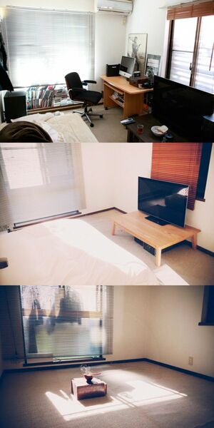 【写真】佐々木さんのご自宅の変遷。（上）お気に入りのモノをそろえた部屋。片づければ、何とかキレイに。→（中）本はすべて処分。机もイスも手放した。→（下）マットレスもテーブルもテレビも処分。