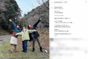 ドラマ『夫よ、死んでくれないか』第3話に先立って公開されたオフショット。磯山さやか（左）が「光浦靖子にそっくり」と話題に（ドラマ公式インスタグラムより）