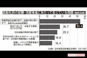 高齢社員の配置・活躍推進にあたって生じている問題(複数回答)/(出典)日本経済団体連合会資料(2016年)