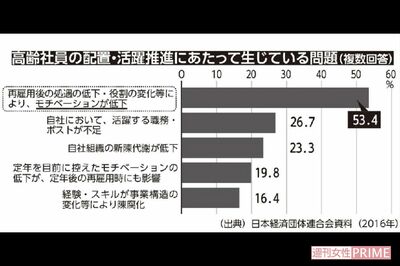 高齢社員の配置・活躍推進にあたって生じている問題（複数回答）／（出典）日本経済団体連合会資料（2016年）