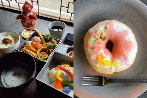 ことだまランチ1600円(左)といちじくジャムと求肥入りのくるんドーナッツもみじ320円