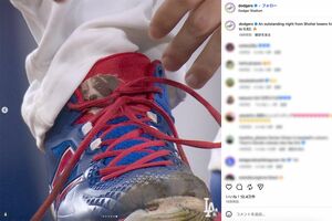 大谷翔平スパイクの「タン」には「隠れデコピン」が顔をのぞかせて（ロサンゼルス・ドジャース公式インスタグラムより）