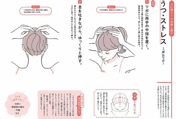 ストレスやうつ症状に効果が期待できる『百会』のツボ、場所と押し方　※本記事に掲載のイラスト画像はすべて『東洋医学でカラダと心をセルフケア！』（主婦と生活社）より抜粋