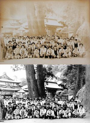 村林さんが修復したモノクロ写真のビフォー（上）アフター（下）