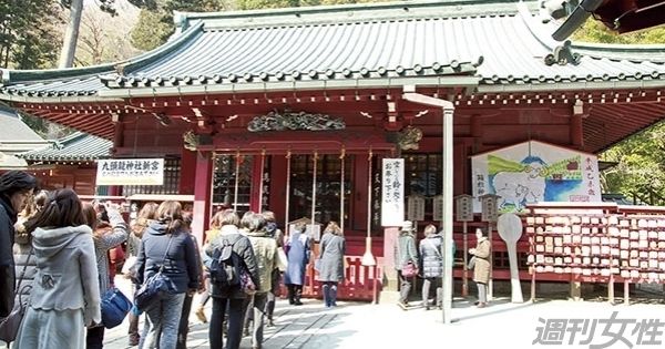  箱根神社の中心に鎮座する朱色の御社殿。県の天然記念物でもある姫紗羅（ひめしゃら）の純林や老杉に囲まれた社殿は厳かな空気に満ちています。