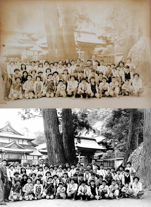 村林さんが修復したモノクロ写真のビフォー（上）アフター（下）