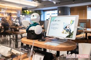 お客さんと会話しながら注文をとるオリヒメ。横に設置されたiPad画面でパイロットの顔写真やプロフィールが紹介され、メニュー表を見ることもできる　撮影／齋藤周造