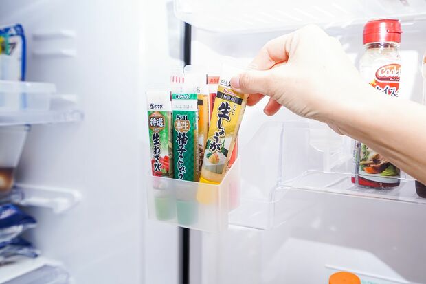 薬味チューブポケット「わさびなどの薬味チューブは、100円ショップの収納アイテムでひとまとめに。6本収納でき、前後の段差で賞味期限も見やすい仕様」110円／ダイソー　写真／フジモリタイシ、ヒラヤマタイジロー（『スキマをうめる収納ルール』より）