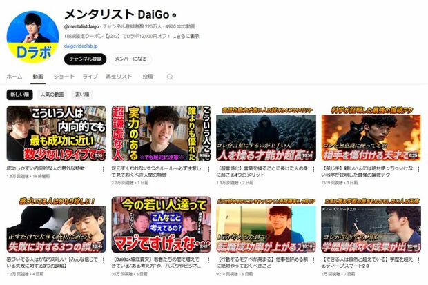 220万人以上の登録者数を抱えるメンタリストDaiGoのYouTubeチャンネル