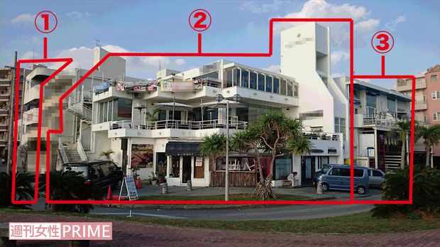 飲食店などが入る羽賀のビル群。ひとつのビルをはさみ3棟は並ぶように立っており、資産価値も高い