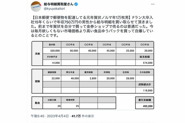 入社15年、年収750万円の郵便配達員（給与明細買取屋さんのTwitterより）