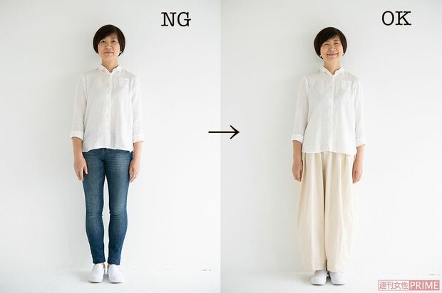 （左）細身のパンツはむっちりしたふくらはぎが目立つので×　　　　　　　　　　　（右）タック入りワイドパンツならふくらはぎが目立たず、タックがおなかを自然にカバー