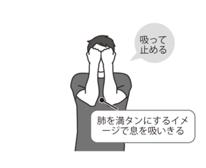 血圧ストレッチ3 腕を顔の前に持ってきて最大限まで息を吸い込んだら息を止める。
