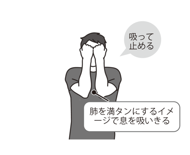 ストレッチ3 腕を顔の前に持ってきて最大限まで息を吸い込んだら息を止める。