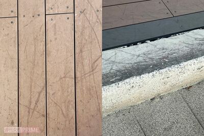 豊洲の川沿いにあるベンチ。板上はスケボー車輪跡。削られた傷も残る