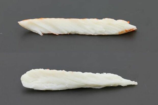 カニの繊維の細さや向きに着目し、本物に近い断面を実現。上が『ほぼカニ』、下が本物のカニの断面図