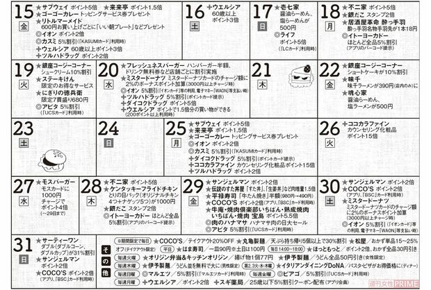 【チリツモ！　トクするカレンダー〜5月下旬〜】店記号:★=飲食店、◎=スーパー、＋=ドラッグストア　注：4月23日現在、公式サイト・アカウントより。一部実施しない店舗がある場合もあります。詳細は公式HPなどで確認を。特に表記のないものは税抜きです