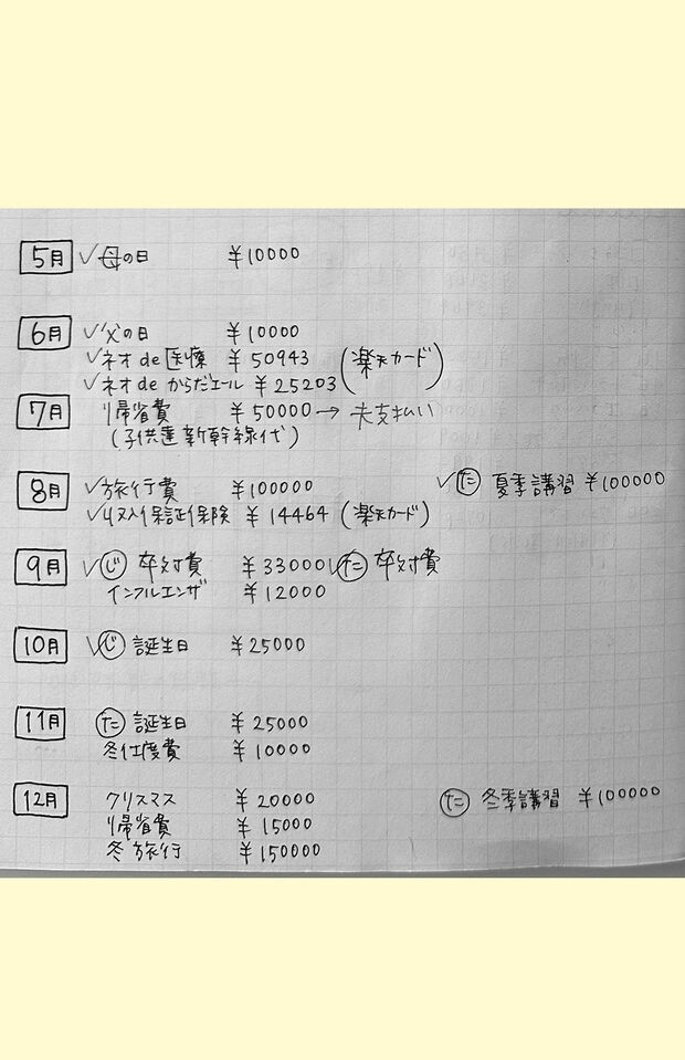 くぅちゃんの年間特別費リスト
