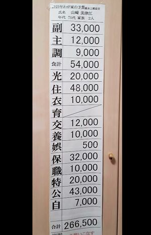副食物には副菜や果物など、調味料には飲み物を含む。養は教養費（本）、職業費はこづかいなど（写真提供／山崎美津江さん）