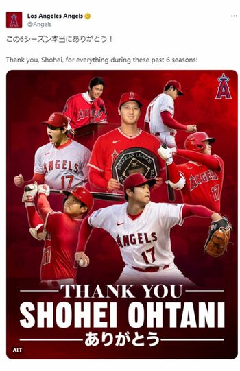 昨年まで6年間所属していたエンゼルスも大谷に英語と日本語で感謝した（エンゼルス公式Xより）