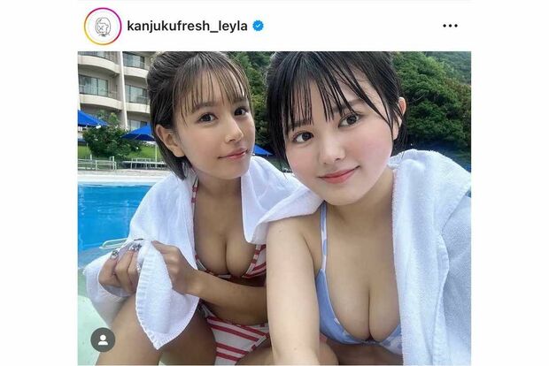 インフルエンサーの夏芽すずとの水着姿を投稿した池田レイラ（本人のインスタグラムより）