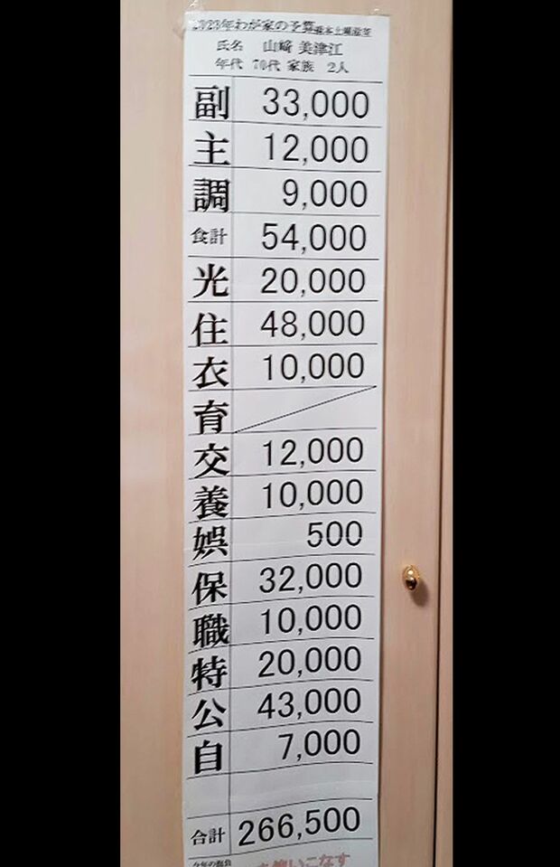 副食物には副菜や果物など、調味料には飲み物を含む。養は教養費（本）、職業費はこづかいなど（写真提供／山崎美津江さん）