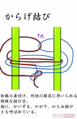 和風の着付け、竹垣の固定に用いられる特殊な結び方。ほかにかいずる、かがり、からみ結びとも呼ばれている