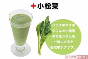 ＋小松菜　バナナのマグネシウムと小松菜のカルシウムを一緒にとると吸収率がアップ。　撮影／廣瀬靖士