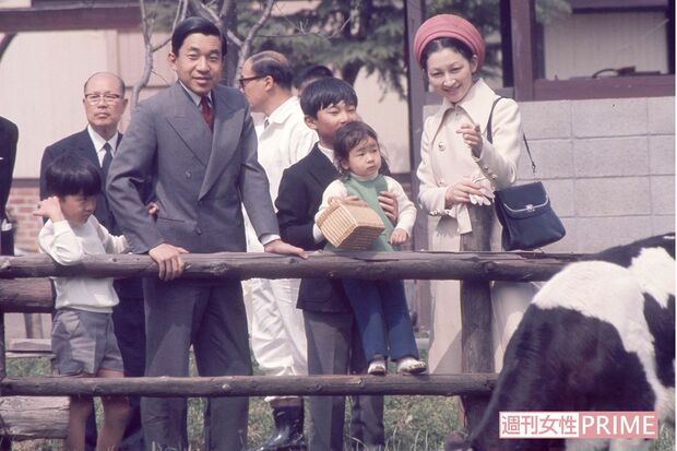昭和47年4月、上皇ご夫妻がご家族と『子どもの国』で牛を見学。現在の天皇陛下はお兄さまらしく紀宮さまを抱っこされて。