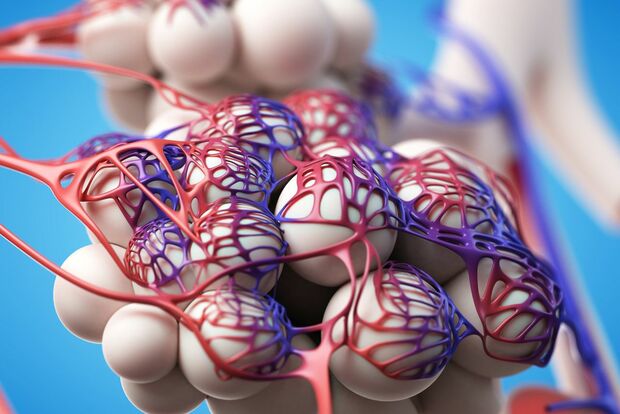 肺胞を取り囲む毛細血管によってガス交換が行われる（イメージ図）