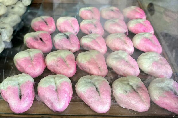 山脇さんの故郷、長崎をひとり旅で訪れた時の一枚。饅頭屋さんの春の名物「桃饅頭」