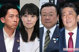 （写真左から）小泉進次郎前環境相、杉田水脈、桜田義孝元五輪相、安倍晋三元首相　※杉田の写真のみ共同通信イメージズ