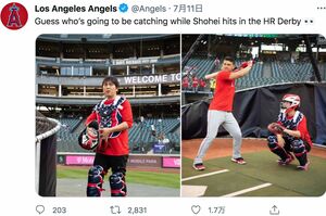 ホームランダービーで捕手を務めた水原一平氏（ロサンゼルス・エンゼルスの公式ツイッターより）