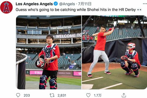 ホームランダービーで捕手を務めた水原一平氏（ロサンゼルス・エンゼルスの公式ツイッターより）