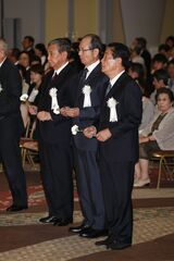 大橋巨泉さんお別れの会で。写真手前から、関口宏さん、王貞治さん、河野洋平さん（'16年9月）