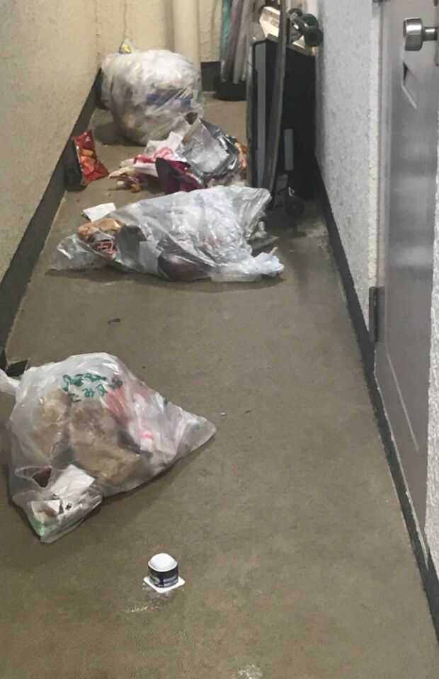 共用廊下に放置した生活ゴミをカラスに荒らされ、近隣に被害も（読者提供）