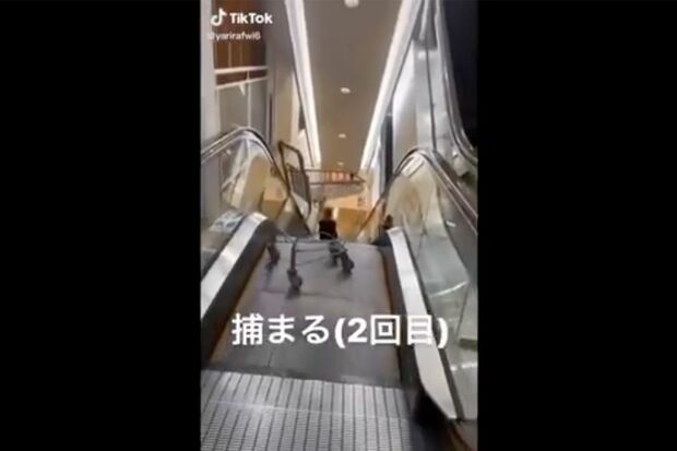 2021年1月に都内の商業施設で撮影された「下りエスカレーターで“ショッピングカート”をわざと落下させる」動画