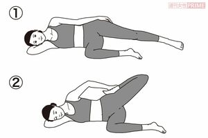 前ももを伸ばし骨盤のゆがみを改善「横向きストレッチ」（イラスト／二階堂ちはる）