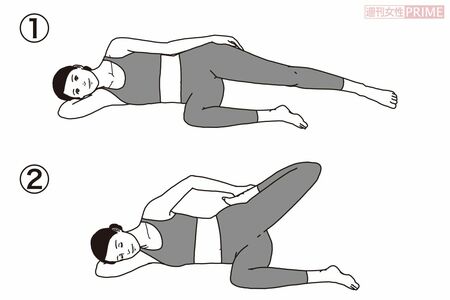 前ももを伸ばし骨盤のゆがみを改善「横向きストレッチ」（イラスト／二階堂ちはる）