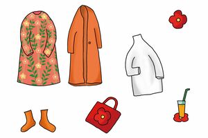 「この色でまとめたいのに、ピッタリの小物がない」というときには家の中にあるものを探してみましょう。角野さん親子はキッチンにあるコースターや、なんとたわしスポンジまで活用　固定観念をはずして色遊びファッションを楽しんでみましょう。イラスト／くぼしまりお　（『魔法のクローゼット』本文より）