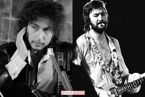 ノーベル文学賞も受賞したシンガー・ソングライターのボブ・ディランとギターの神さまと呼ばれるエリック・クラプトン（写真： Koh Hasebe / Shinko Music Archives）