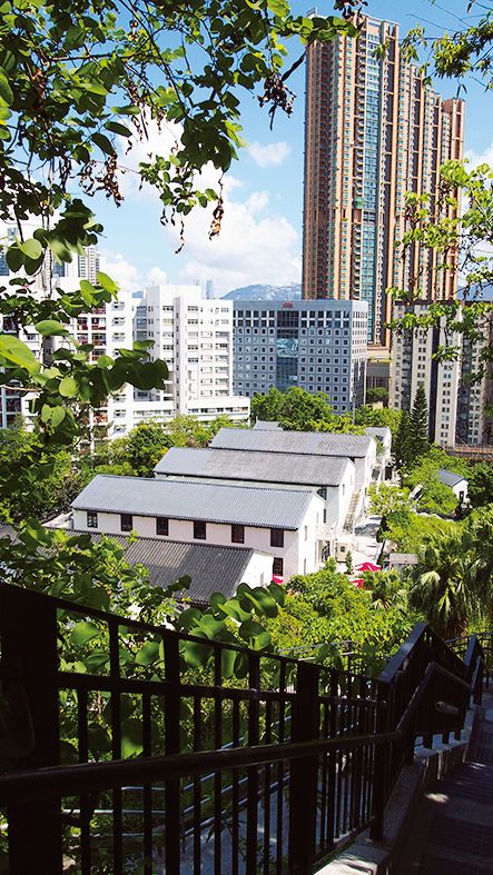 香港の中心部にいるとは思えない、静かでリゾート感あふれる高台。昇降にはエレベーターあり