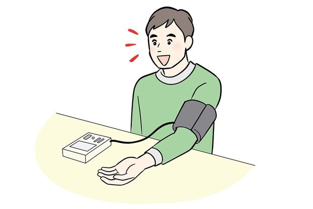 血圧を測る男性（イラスト／スギザキメグミ）