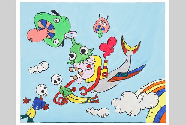 『イソゲマダマニアウ』 「こう描こうと思って絵を描くことはないんですけど。こんなアニメがあったら面白いなと描き始めました。スッカラカンになった骨のカップルが“自分たちはどうしたらんいいだろう”となっているところを真ん中の飛行機か船のような彼が、“まだ大丈夫”だよと支えているような絵です」（同）