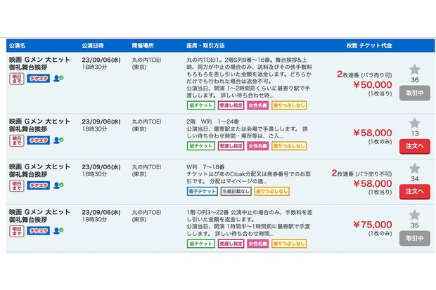 大手チケット転売サイトで取引き中の映画『Gメン』の舞台挨拶。最低価格が5万円〜となっている