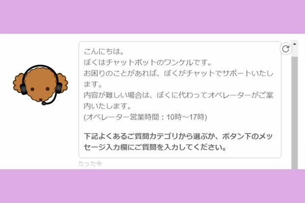 ファンケルWEBサイトのチャットボット。マスコットのワンケルくんとの会話を通して、さまざまな質問を解決に導いてくれる
